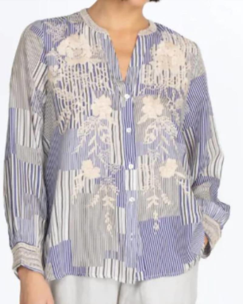Front of a model wearing a size L Osiris Relaxed Button Down in Blue in Blue by Johnny Was. | dia_product_style_image_id:333528
